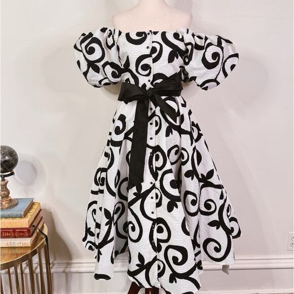 Rodarte Spring 2020 Off Shoulder Black & White Swirl Dress Size 6 Hollywood Glam - Picture 1 of 14